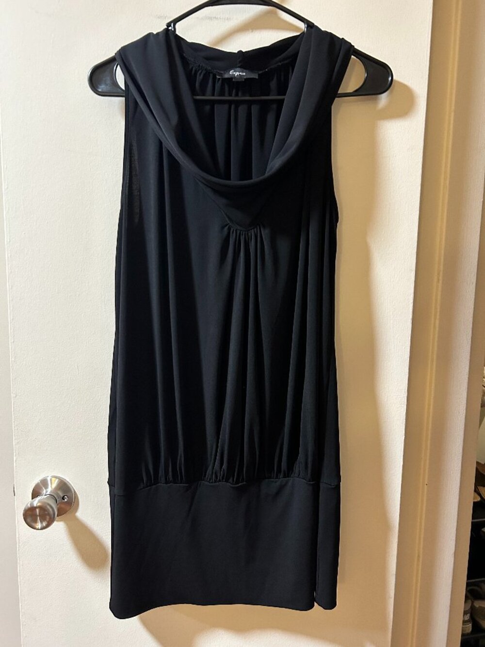 Express -- y2k black cowl neck mini dress with ruched mid section
